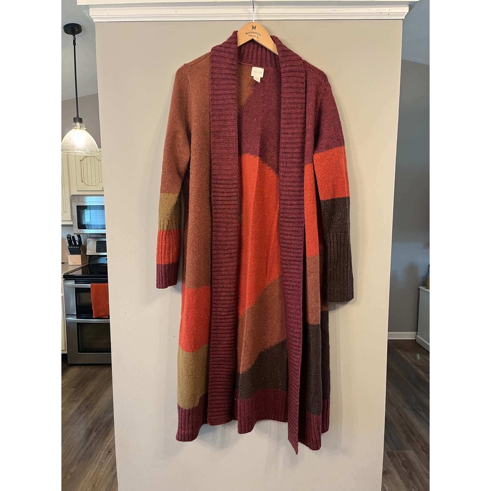 Chicos Colorblock Duster Cardigan Sweater Size 2 Large Open Front Geometric Knit